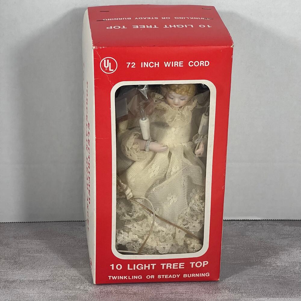 Vintage Angel Tree Topper Porcelain Head 10 Light Taiwan 72" Cord MCM Christmas